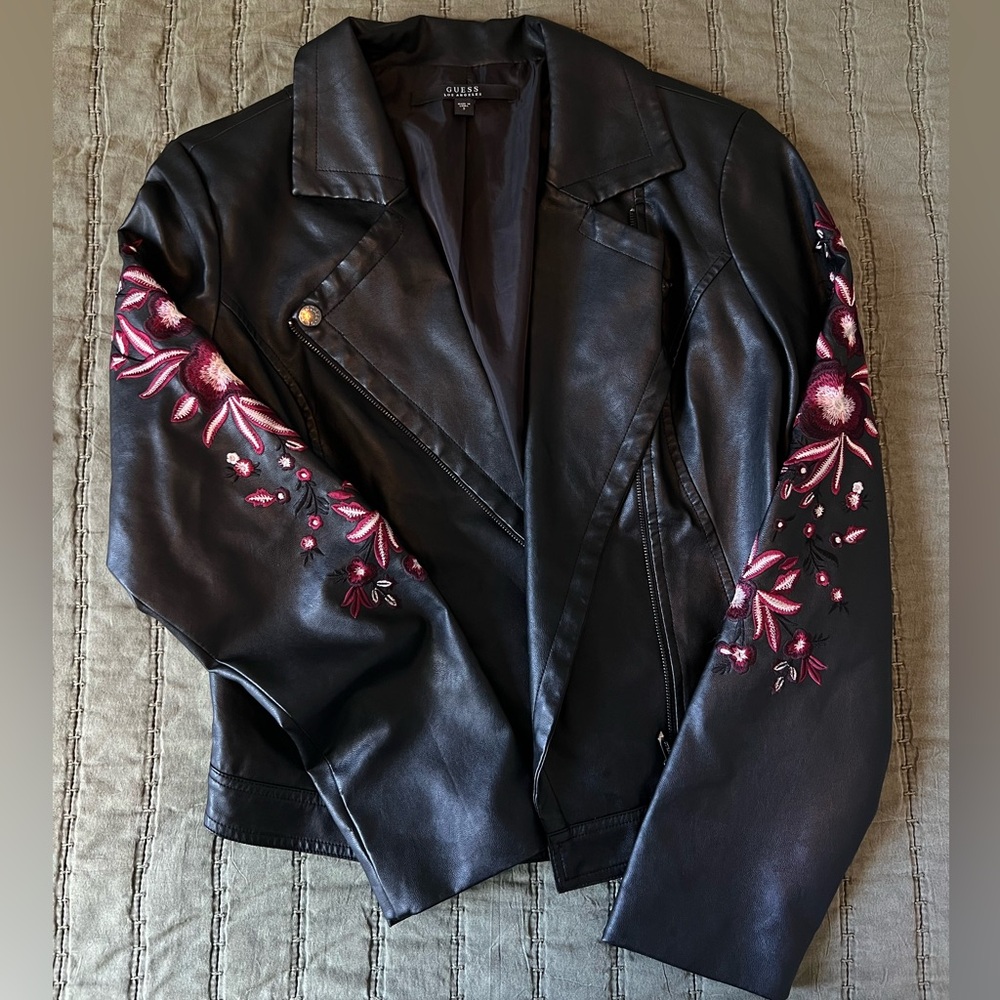 GUESS Embroidered Leather Jacket size Small